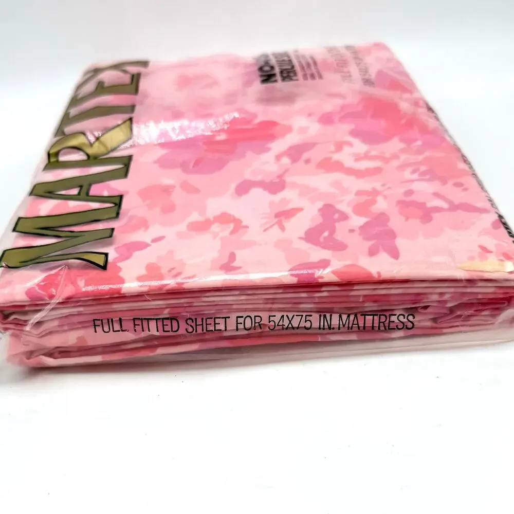 Vintage Martex Pink Floral Full Fitted Bottom Sheet No Iron Percale Made in USA